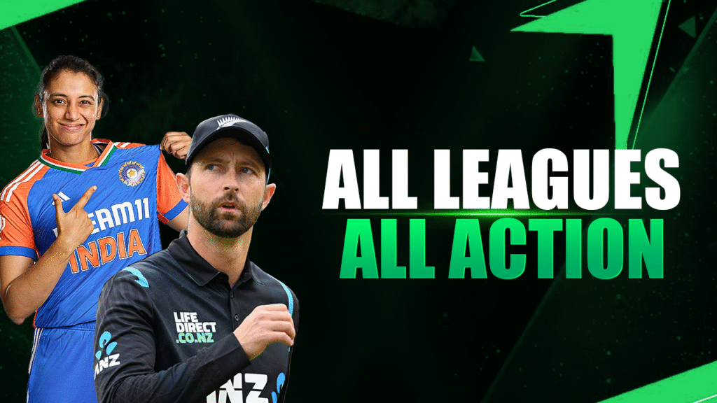 Cricket players showcasing team spirit with text “All Leagues All Action” on green background with Playkaro