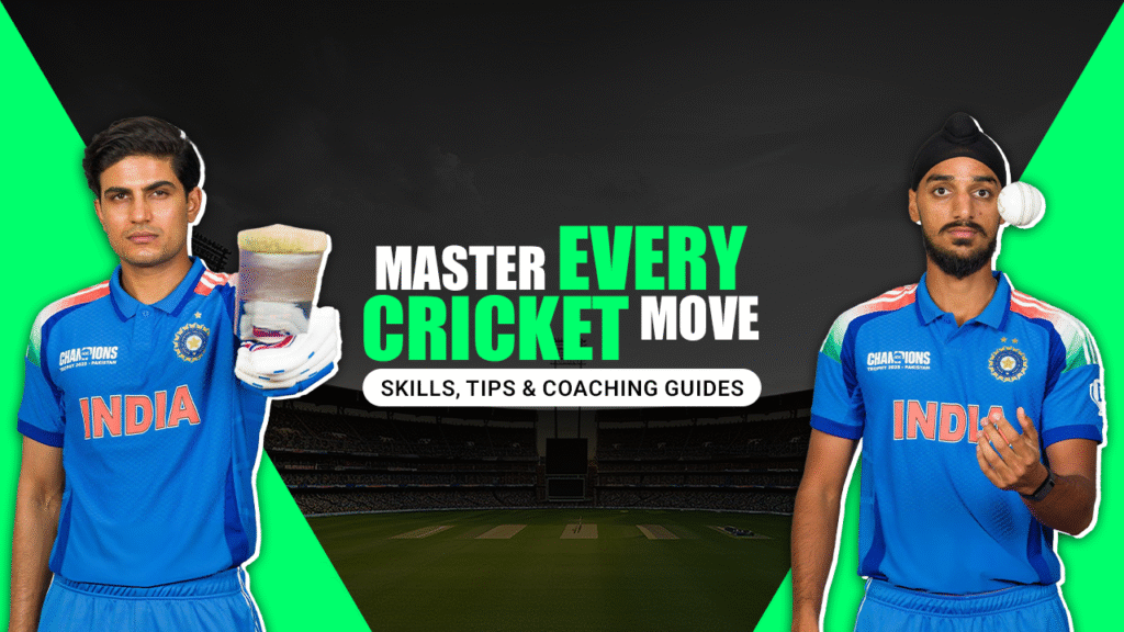 Two cricket players in India jerseys promoting Playkaro with the text “Master Every Cricket Move – Skills, Tips & Coaching Guides” on a stadium background.