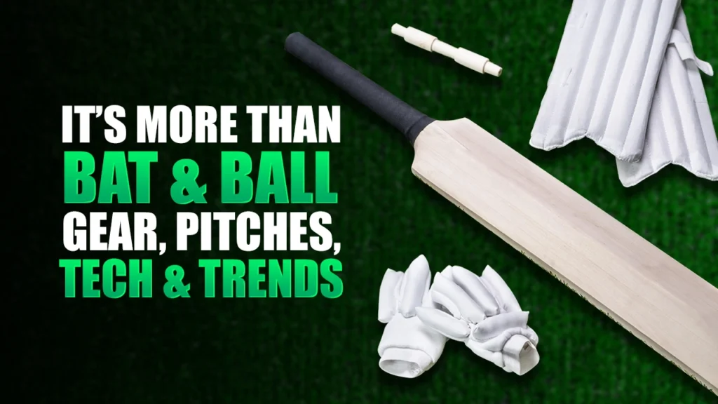 Cricket bat, gloves, and pads on green turf with the text “It’s more than bat and ball – gear, pitches, tech and trends” promoting PlayKaro.