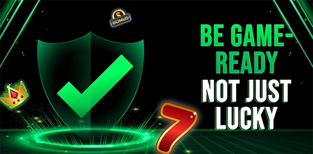 PlayKaro gaming banner showing a green shield with a checkmark, slot icons like a crown, 7, and bonus symbol, with the text “Be Game-Ready, Not Just Lucky” on a glowing futuristic background.