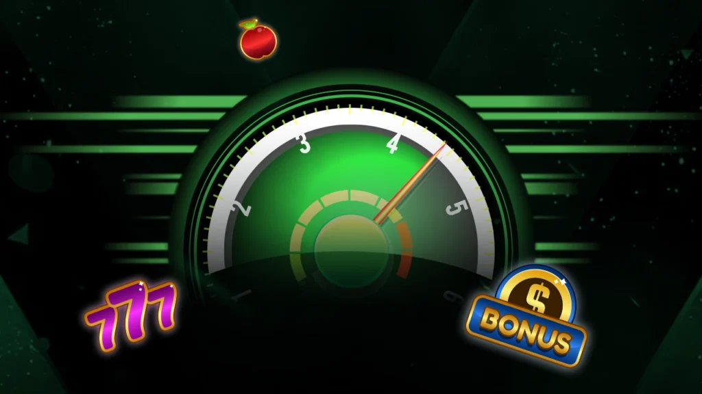 PlayKaro Turbo Games speedometer showing progress with bonus and 777 icons in a glowing green gaming interface.