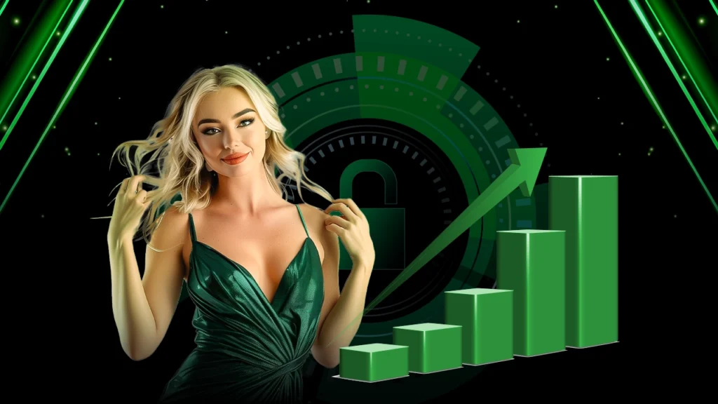 PlayKaro Turbo Games unlock progress graphic with woman in green dress and upward growth bar chart on futuristic background.