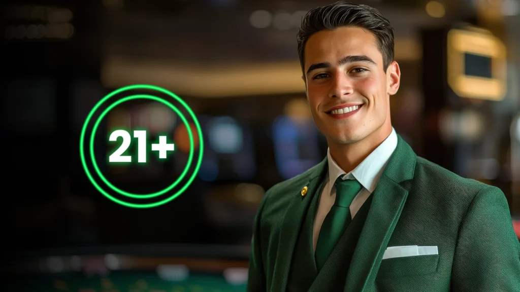 PlayKaro Turbo Play responsible Playing image showing a man in a green suit beside a glowing 21 plus symbol, representing age restriction for adult players.